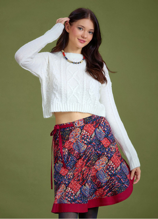 Red Patterned Short Wrap Skirt